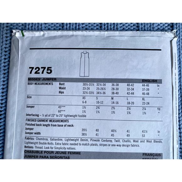 Simplicity 7275 Sewing pattern Jumper straight skirt size xs s m l - Picture 4 of 5